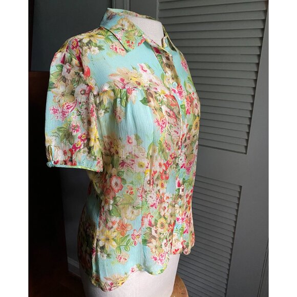 Silk Button-down Short Puff Sleeves Floral Blouse Aqua 6 - Picture 5 of 12